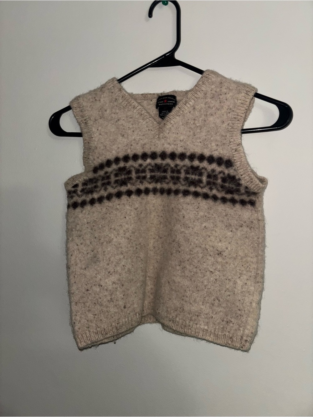 Beige and Brown Patterned V-Neck Wool Sweater Vest